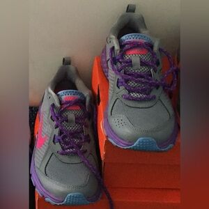 Nike Gray Sneakers with Purple Accents and Pink Swoosh